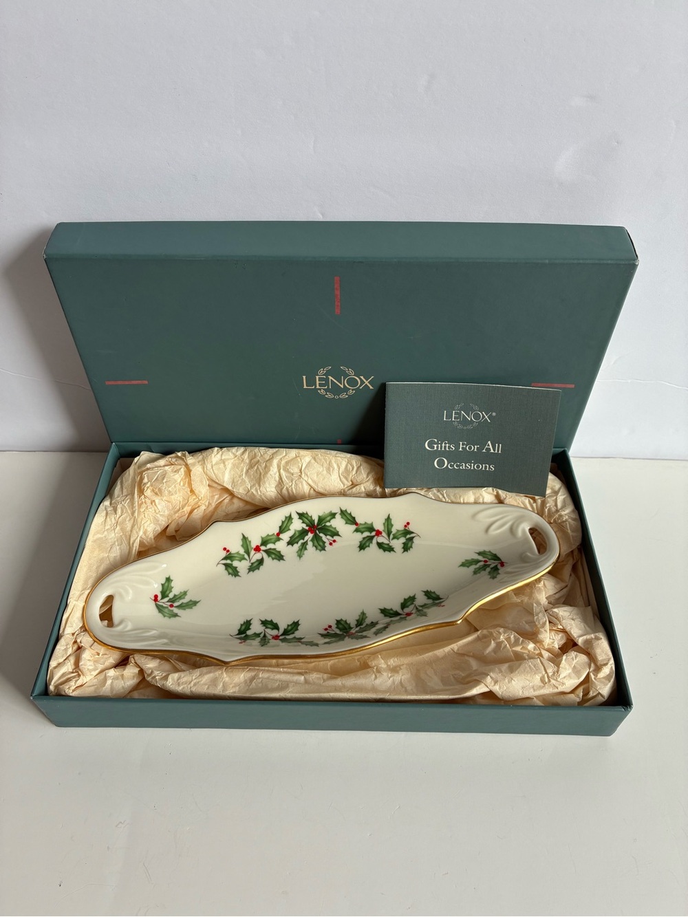 Vintage Lenox Holiday Holly Christmas Condiment Dish Tray 24K Gold Box 1990